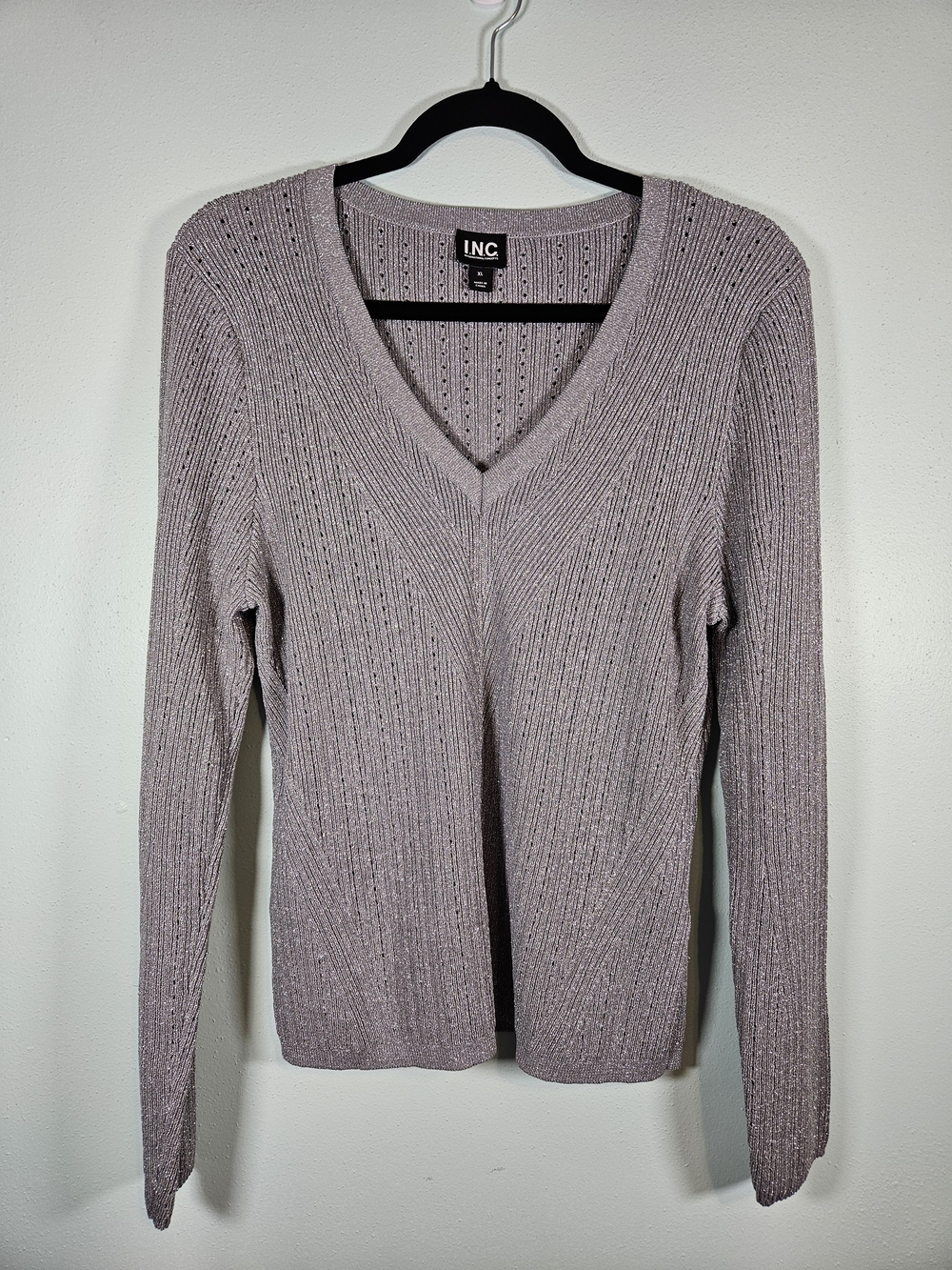 INC International Concepts Silver Ribbed V-Neck Sweater with Shimmer